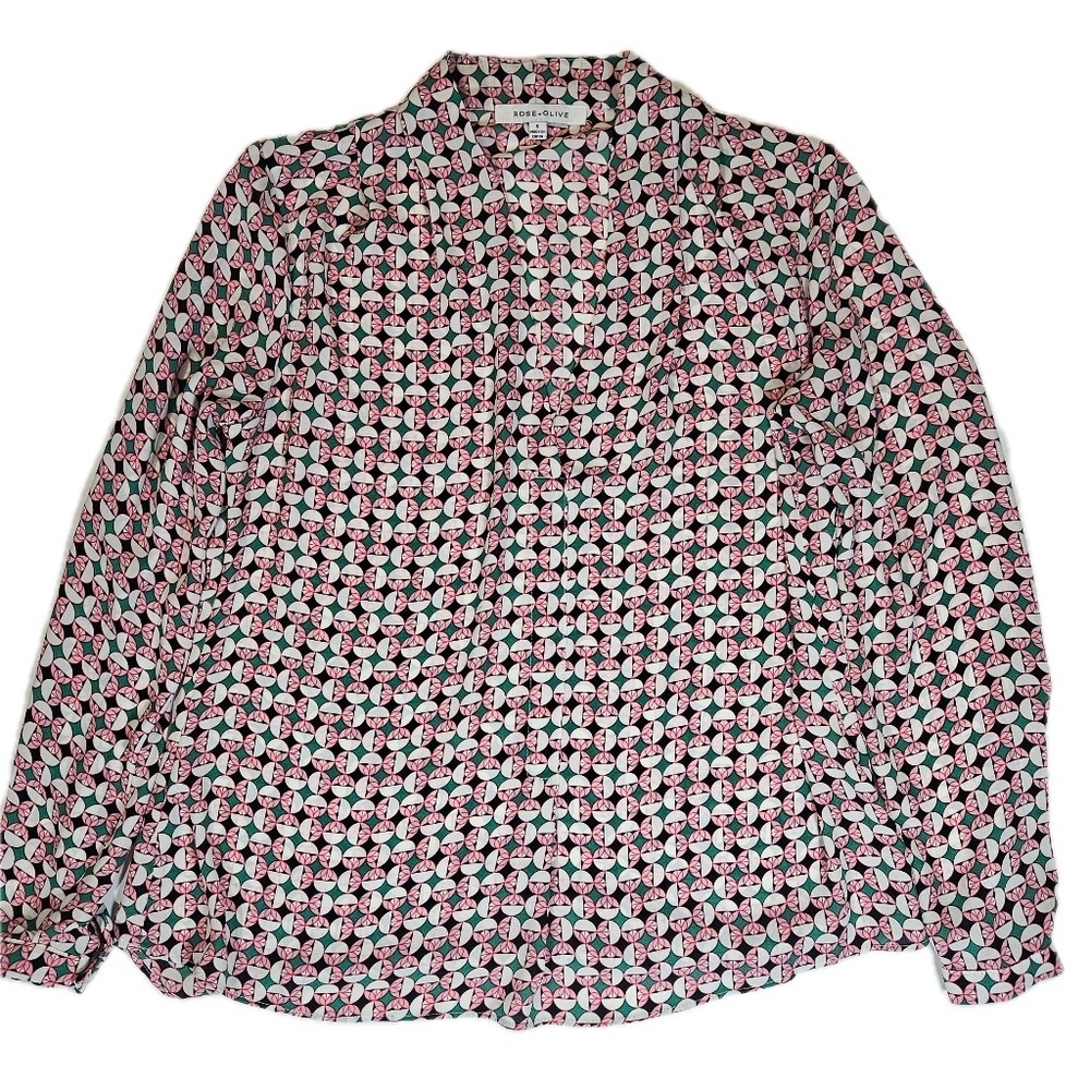 Rose + Olive Blouse Womens Small‎ Multicolor Geometric Print Long Sleeve Shirt